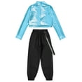 thumbnail image 4 of YEAHDOR Girls Hip Hop Dance 2Pcs Outfit Metallic Crop Top with Chain Pocket Pants Gym Yoga Suit Sportswear Blue 10, 4 of 5