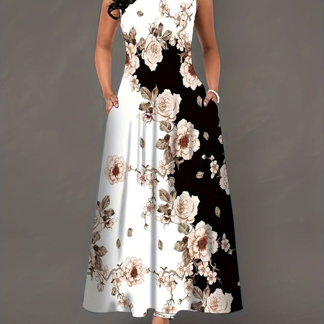 Vestido Con Bolsillo Con Estampado Floral, Vestidos Largos De Verano Informales Con Bolsillo, Vestimenta Para Mujer.