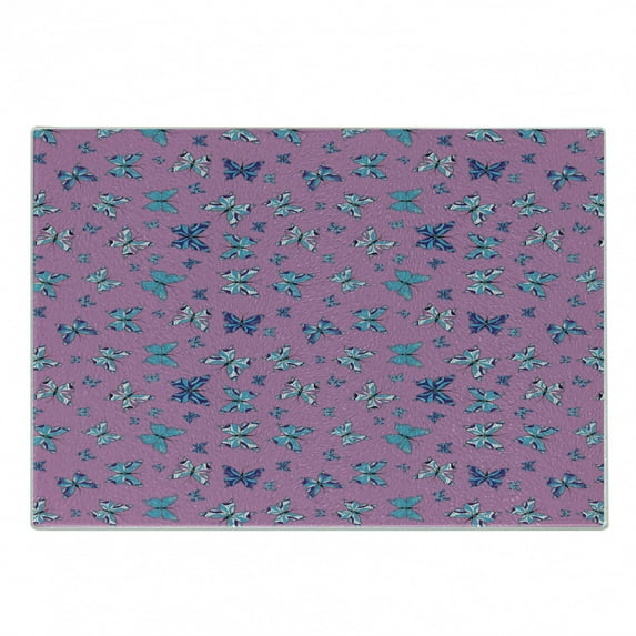 Blue and Pink Cutting Board, Abstract Butterflies Repeating Pattern on Pink Background Print, Decorative Tempered Glass Cutting and Serving Board, in 3 Sizes, by Ambesonne