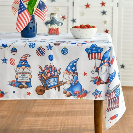 

Patriotic Gnome 4th of July Tablecloth Rectangle 60 x 84 inch Independence Day Memorial Day American Flag Stars Balloons Table Cover Protector for Indoor Outdoor Home Dinner Decor