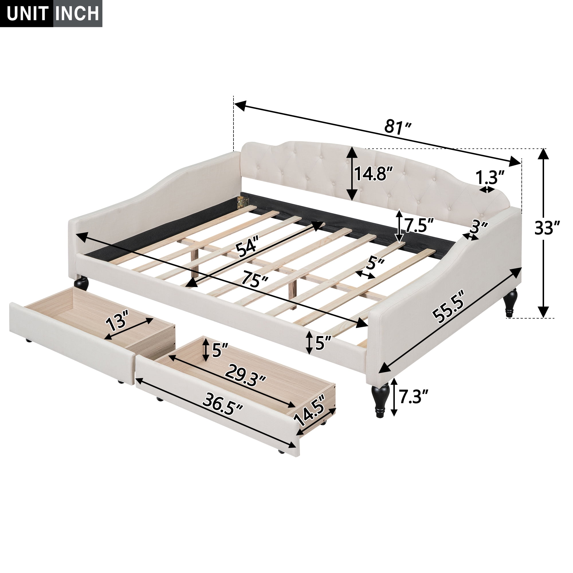 Alvantor Full Size Daybed with Twin Size Trundle, Upholstered Tufted Sofa Bed, Beige
