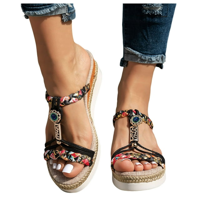 Womens Boho Beach Slides Sandals Summer Bohemian Braided Platform Wedge Slingback Dress Sandals