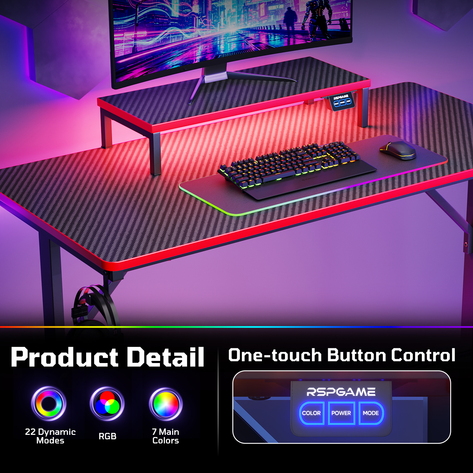 RSPGAME 39" Gaming Desk with LED Lights and Monitor Stand, Red photo 2