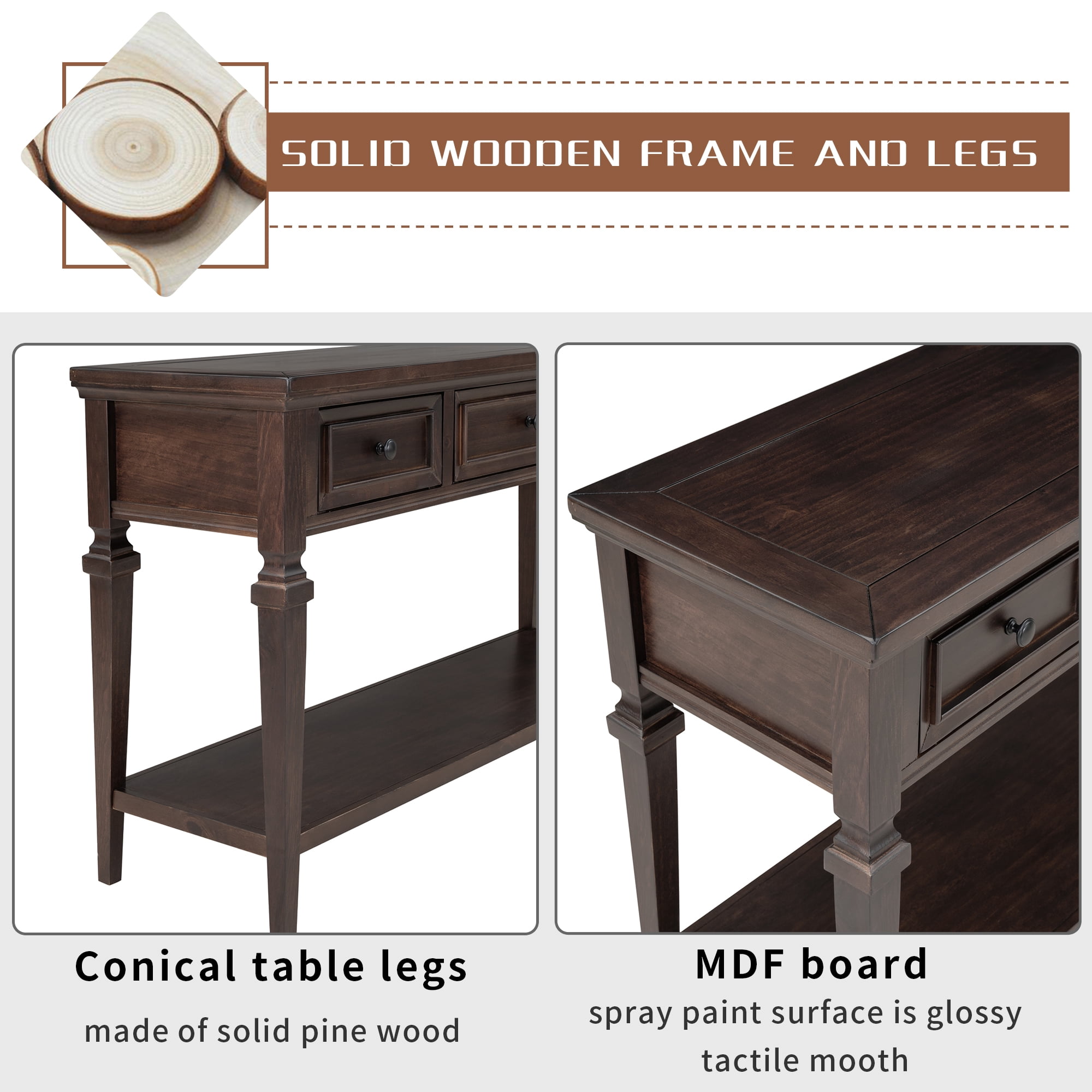 Retro Console Table with Three Drawers and Open Shelf, Espresso