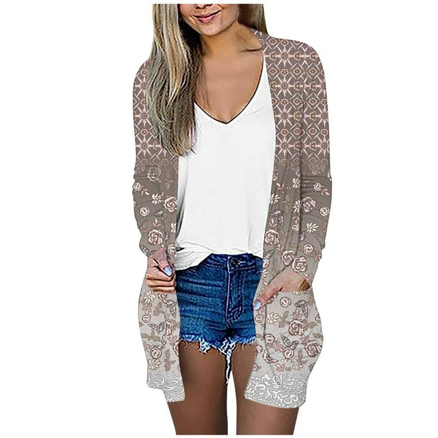 CEHVOM Cardigan Décontracté à Poches Manches Longues Imprimé Floral pour Femmes Liquidation