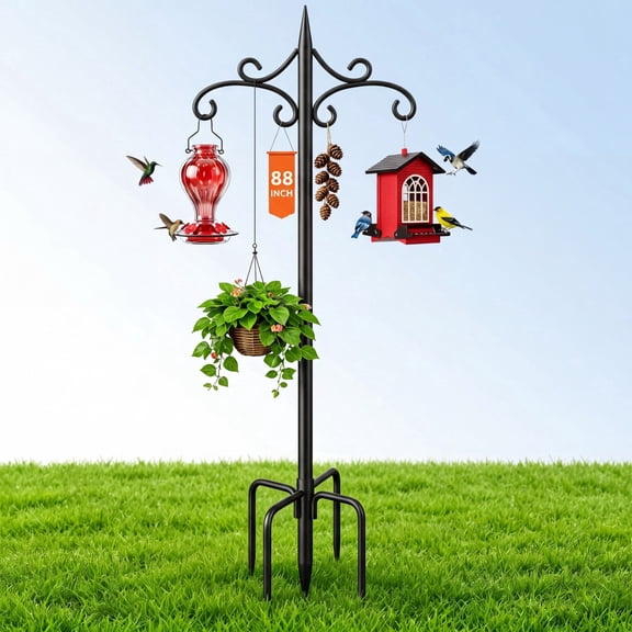 Heavy Duty Double Shepherd Hooks for Outdoor with 5-Prong Base, 88inch Adjustable Decorative Metal Bird Feeder Pole for Hanging Bird Nests, Plant Baskets, Solar Lights, Lanterns, 1 Pack