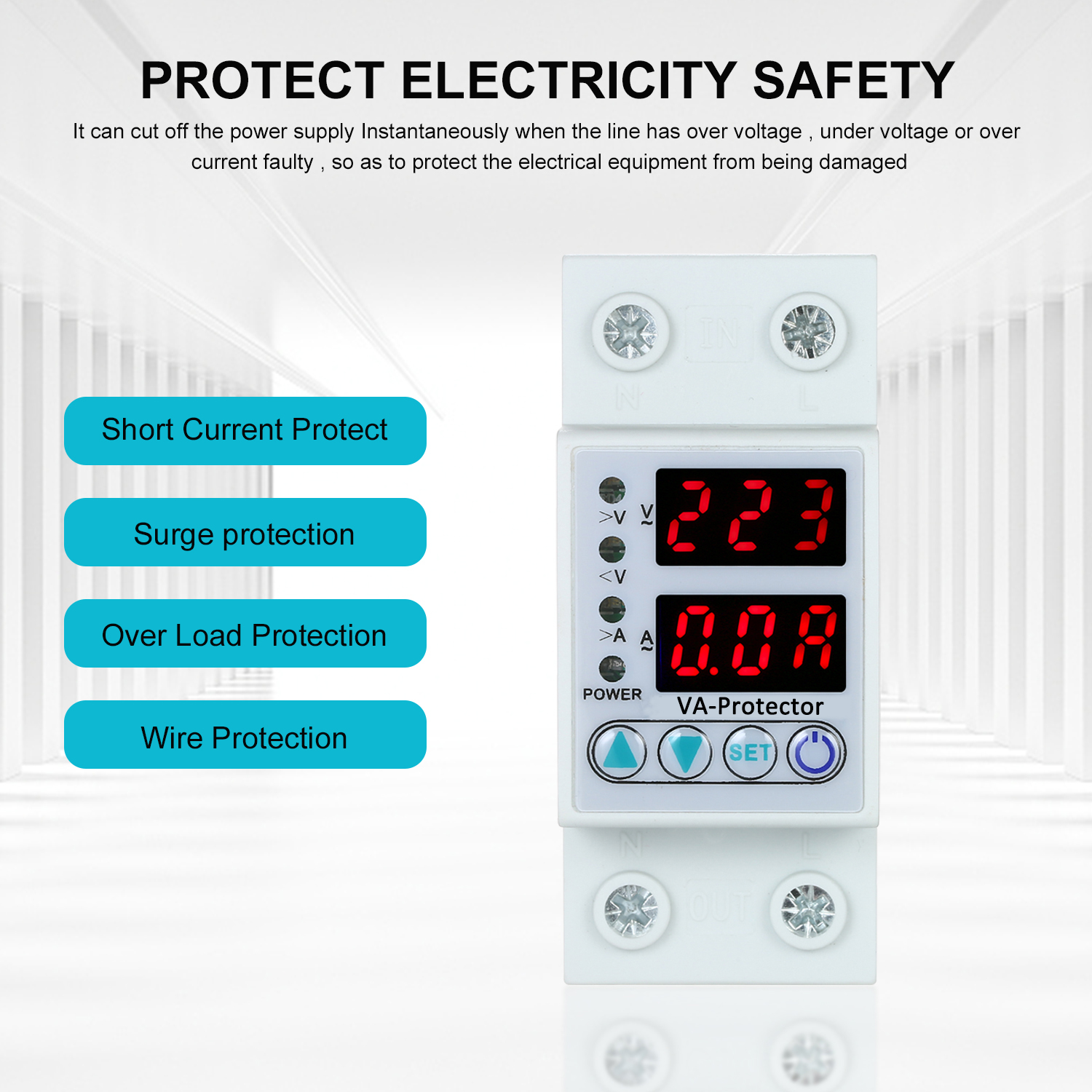 Over 63A 220V Din Rail Adjustable Over Voltage And Under Voltage Protective Device Protector Relay Over Current Protection Home Usage Dual LED Display