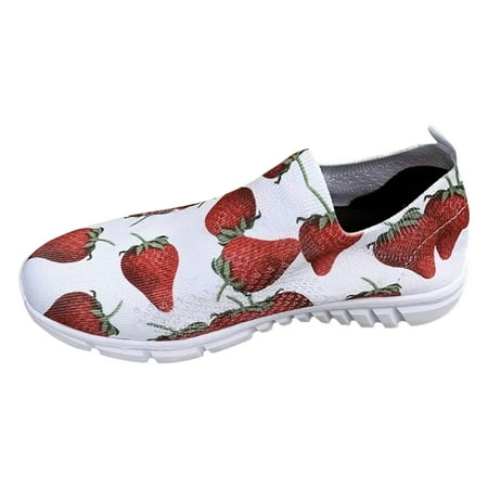 

GWAABD Fashion Sneakers for Women 2029 Fashion Spring and Summer Women Sports Shoes Flat Bottom Light Slip On Mesh Breathable Comfortable Strawberry Print Casual Style
