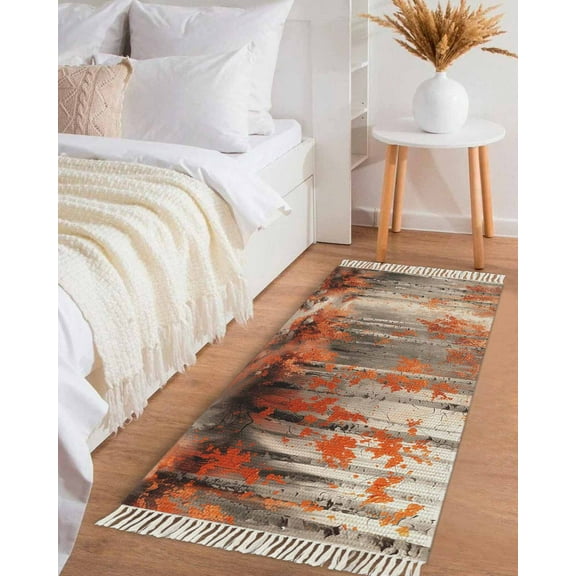 Red Orange Hallway Runner Rug 2x5ft, Modern Oil Painting Art Forest Washable Woven Living Room Bedroom Kitchen Bathroom Carpet with Tassels, Non-Shedding Indoor Outdoor Throw Door Mat for Entryway