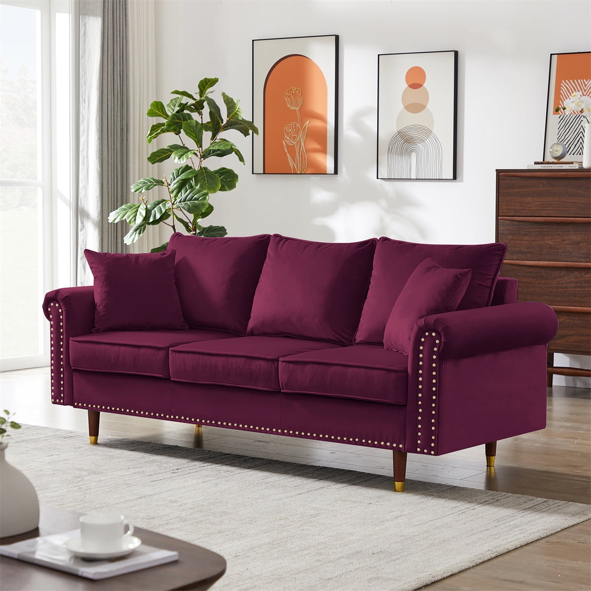 ARCTICSCORPION Velvet Couch with 2 Pillows, Modern 3 Seater Sofa with Rolled Arm and Wood Legs