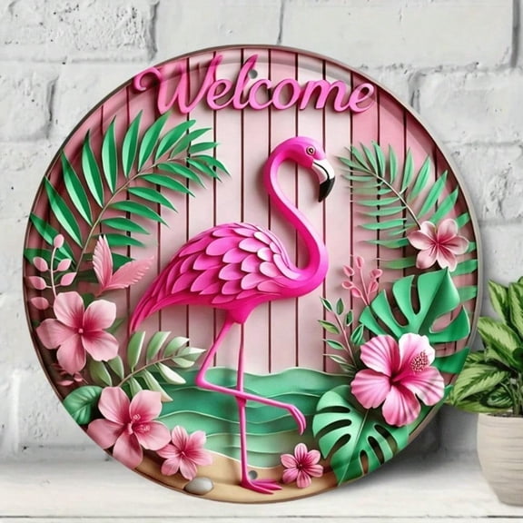 HELLOYOUNG Flamingo Welcome Sign 8x8 Metal Tin Sign Tropical Wall Art for Home Living Room Bar Cafe Aesthetic Decor Apartment Kitchen Bathroom Decoration Housewarming Gift