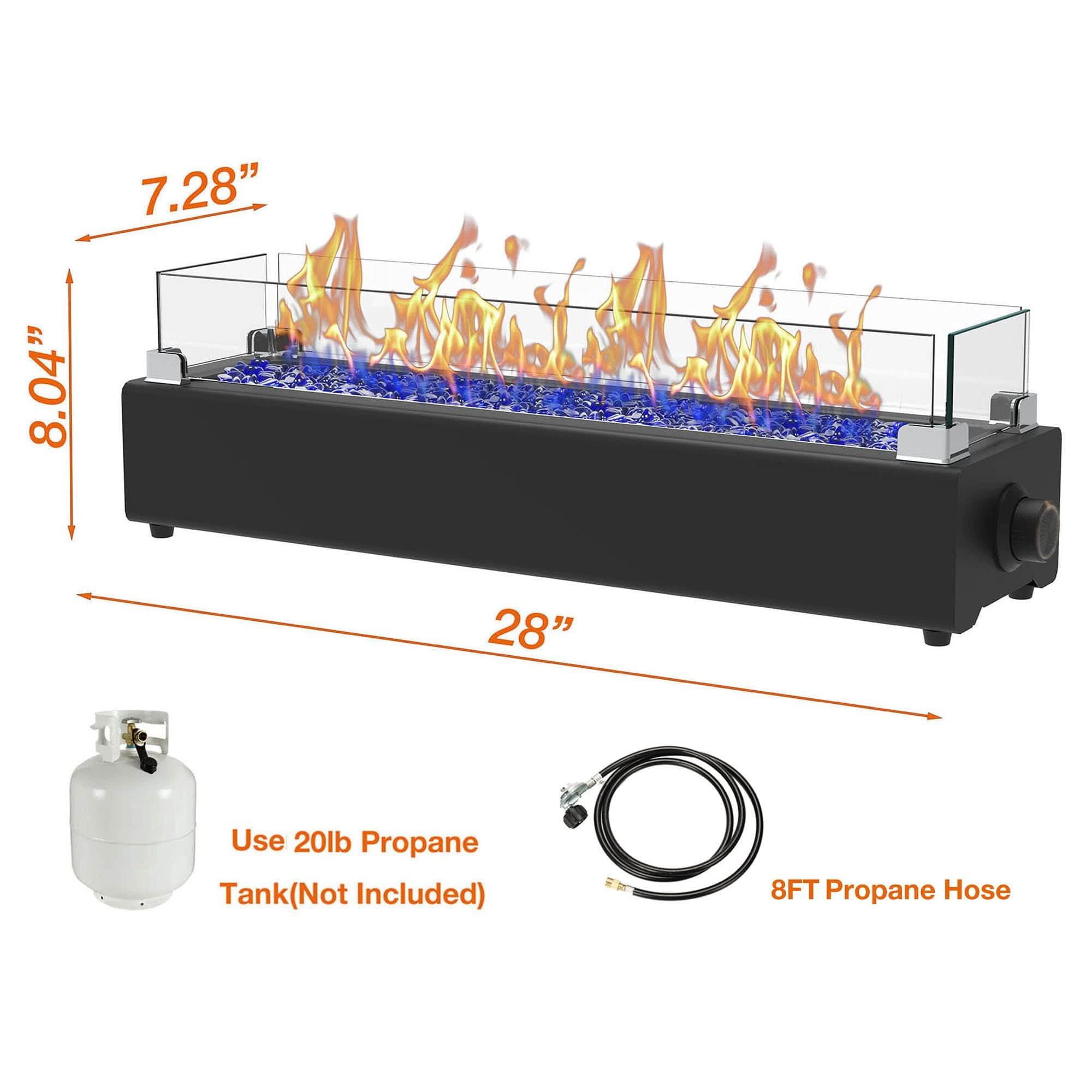 28-inch Table Top Propane Fire Pit  40 000 Btu Tabletop Firepit For Patio Outdoor Portable Rectangular Bowl W/wind Glass Shield Rocks - Black