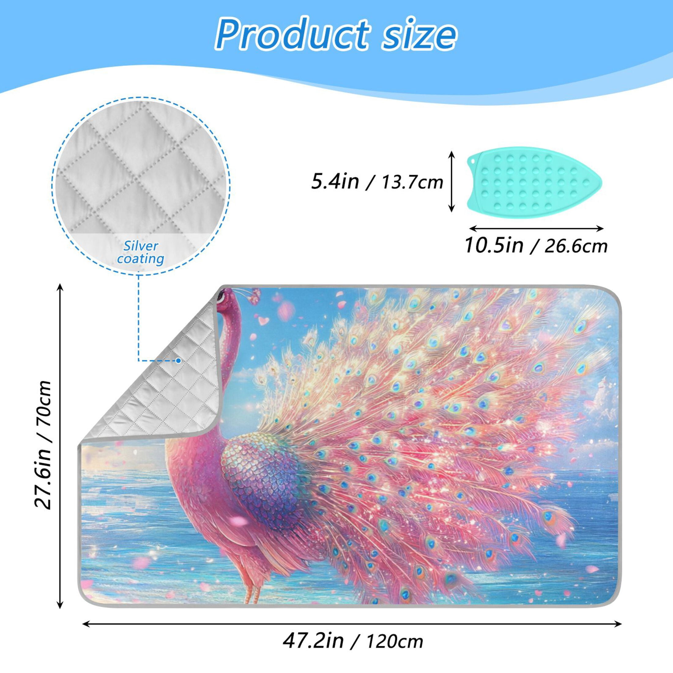 Pinkish Peacock on Beach Cherry Blossom Ironing Mat Blanket Portable Travel Ironing Pad Heat Resistant Pad 47.2" x 27.6”