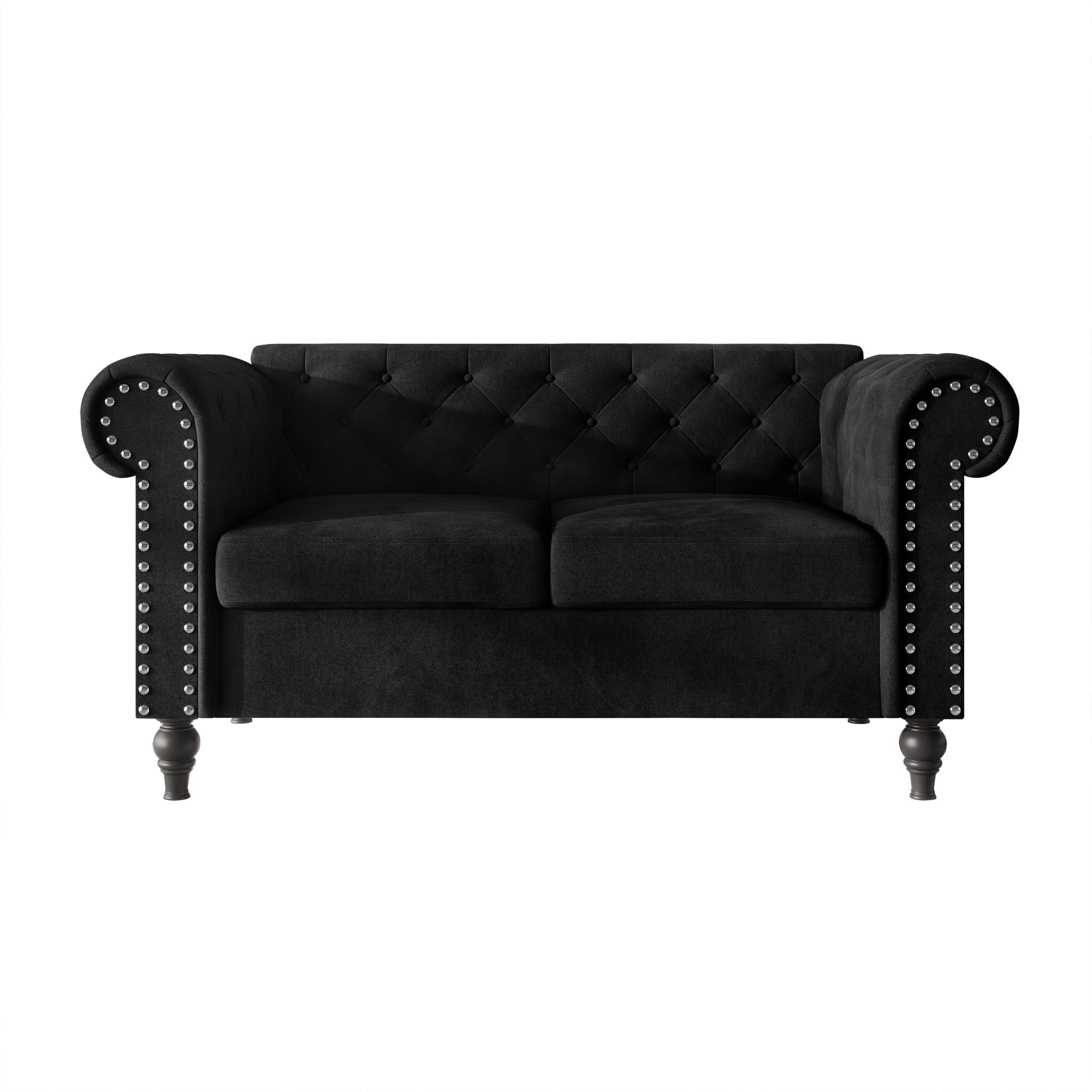 Home Design Kelso 3-Piece Velvet Living Room Set With Rolled Arm Chair, Loveseat and Sofa, Deep Button Tufting and Turned Legs, Black