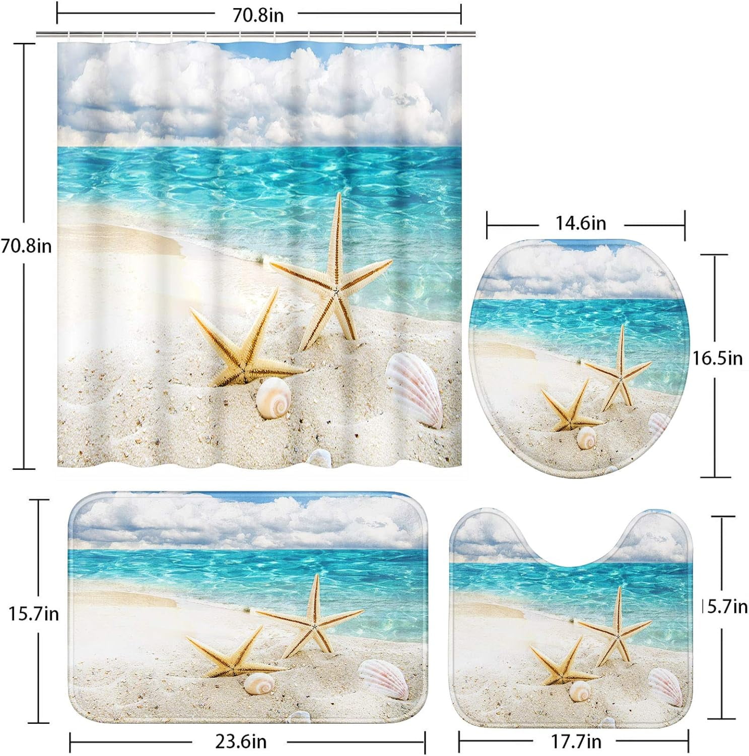 4 Pcs Shower Curtain Set Starfish Seashells Wooden Nautical Sand Beach Shell Sea Blue with Non-Slip Rugs Toilet Lid Cover and Bath Mat Bathroom Decor Set 72" x 72"