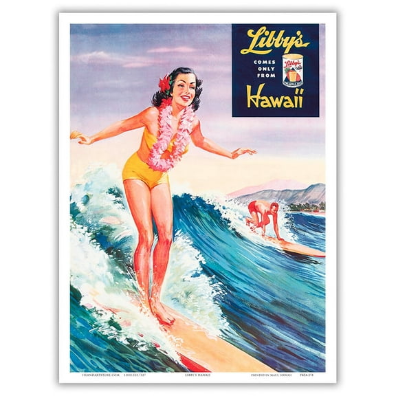 Libby’s Pineapple Hawaii - Surfer Girl - Vintage Advertising Poster by Lafferty c.1957 - Master Art Print (Unframed) 9in x 12in