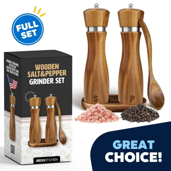 Premium Wooden Salt and Pepper Grinder Set, Adjustable Ceramic Coarseness, Refillable Solid Acacia Wood Mills with Stainless Steel Core, 8-Inch Tall - Includes Free Wooden Spoon & Seasoning Guide