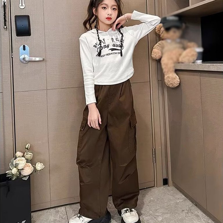 Xmarks Girls Cargo Pants Elastic Waist Straight Wide Leg