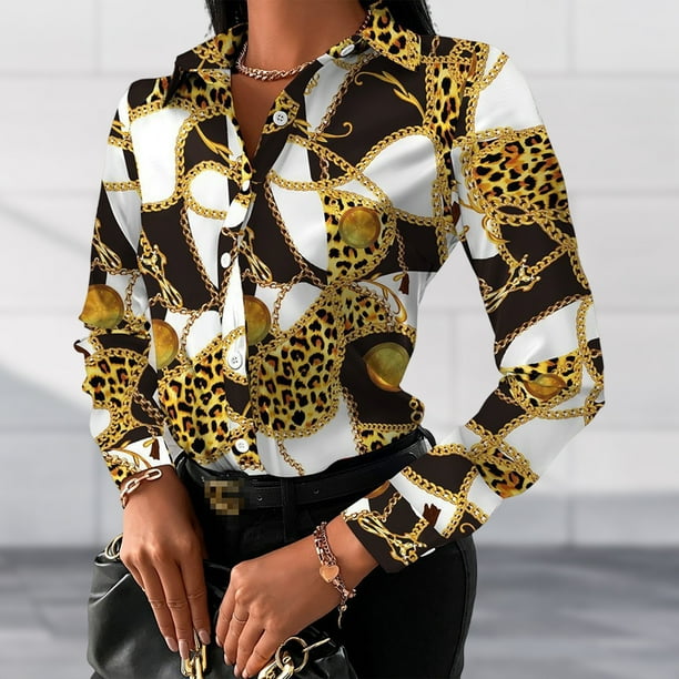 Camisa De Solapa Camisas casuales de mujer Camisa de solapa estampada de manga larga Blusa vintage (Amarillo XXL) Kuymtek para Mujer Amarillo T XL