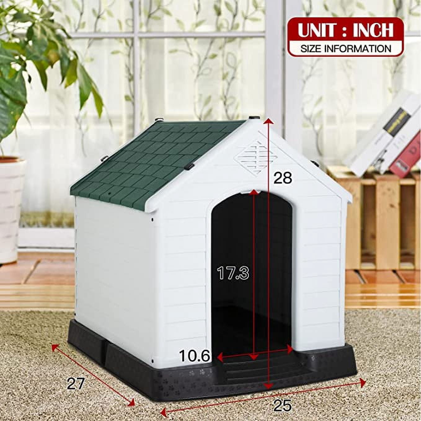 YRLLENSDAN 41/35/ 27 inch Plastic Dog House Outdoor, Waterproof Dog Houses for Small Dogs House with Air Vents and Elevated Floor Indoor Weatherproof Doghouse for Small Dogs