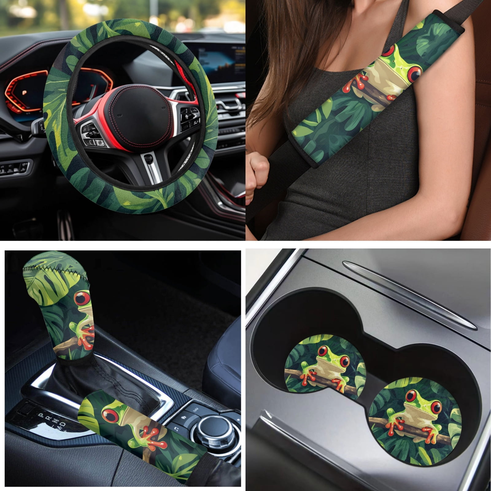 Yuyamidu Frog ar Seat Cover Full Set of 15 Palm Leaves Car Floor Mats Steering Wheel Cover Seat Belt Strap Pads Cup Coasters Gear Shift Knob Cover, Green