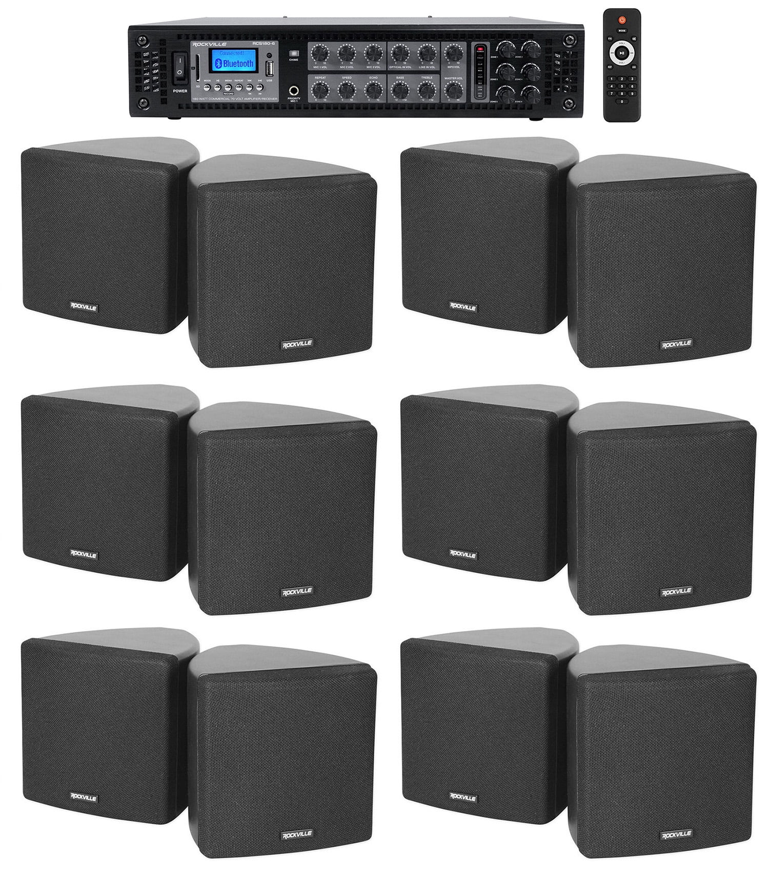 Rockville Commercial Restaurant Bluetooth Amplifier+ 8 3.5" Black Cube Speakers 