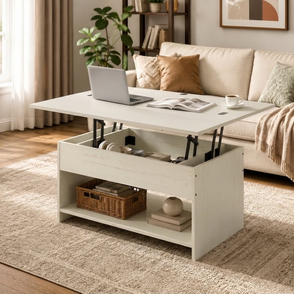 Manxile Round Lift Top Coffee Table with Storage, Industrial Wood Coffee Table with Metal Frame for Living Room, Rustic Brown