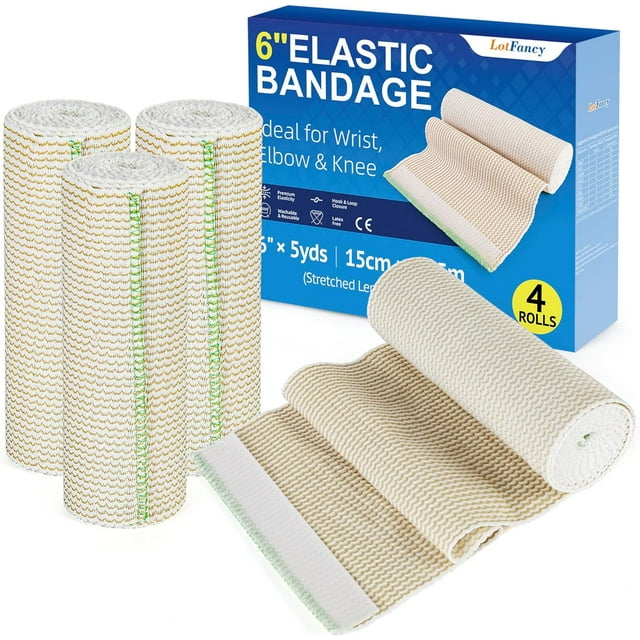 Elastic Bandage Wrap, (6" Wide x 15 Feet), 4 Pack Cotton Compression Bandages with Self-Closure on Both Ends, Support & First Aid for Sports, Medical, Injury Recovery