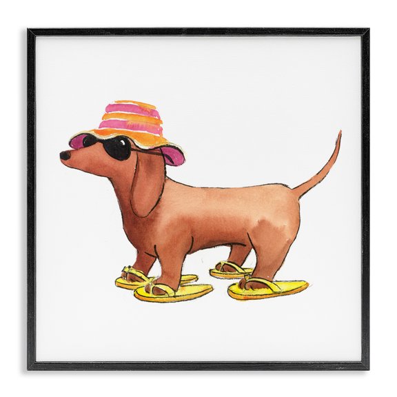 Stupell Industries Beach Dog Flip Flops Animals Painting Black Framed Art Print Wall Art, 12 x 12