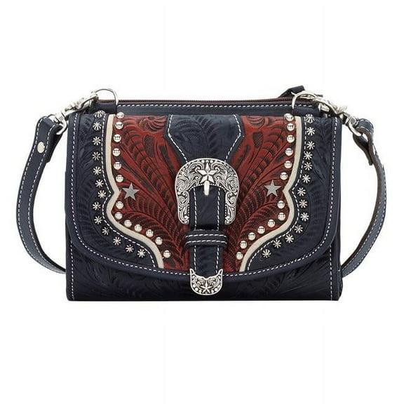 American West 7694982 Texas Two Step Small Crossbody Bag & Wallet, Navy Blue, Distressed Crimson & Cream