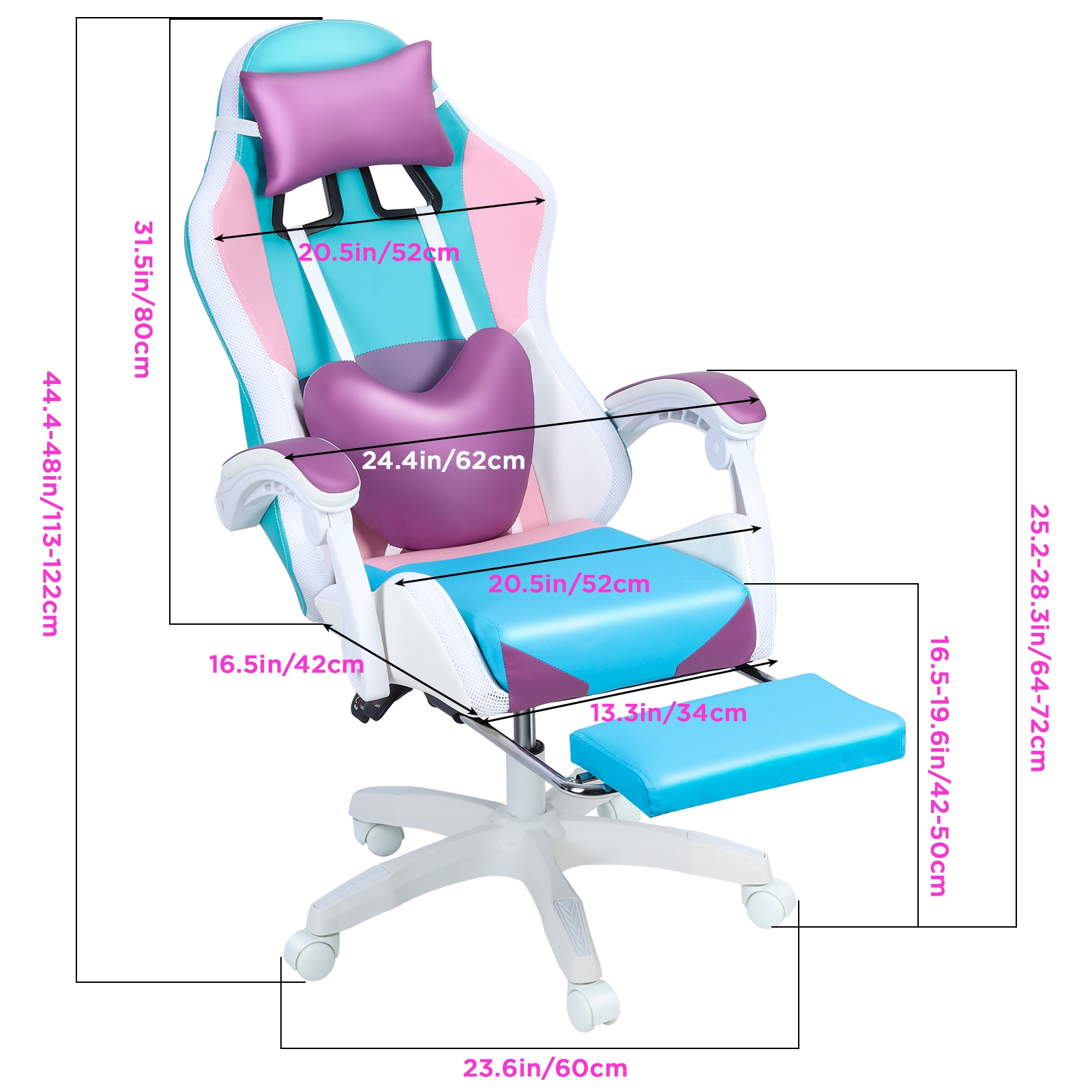 Wliqien Gaming Chair with RGB LED Lights, Girl Video Chair, Ergonomic Computer Chair with Massage and Footrest, Reclining Video Game Chair for Adult