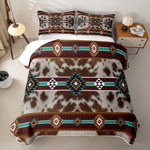 Erosebridal Western Abstract Aztec Twin Quilt Set for Women Men, Tribal Brown Cowhide Print Twin Coverlet Set, 2-Piece