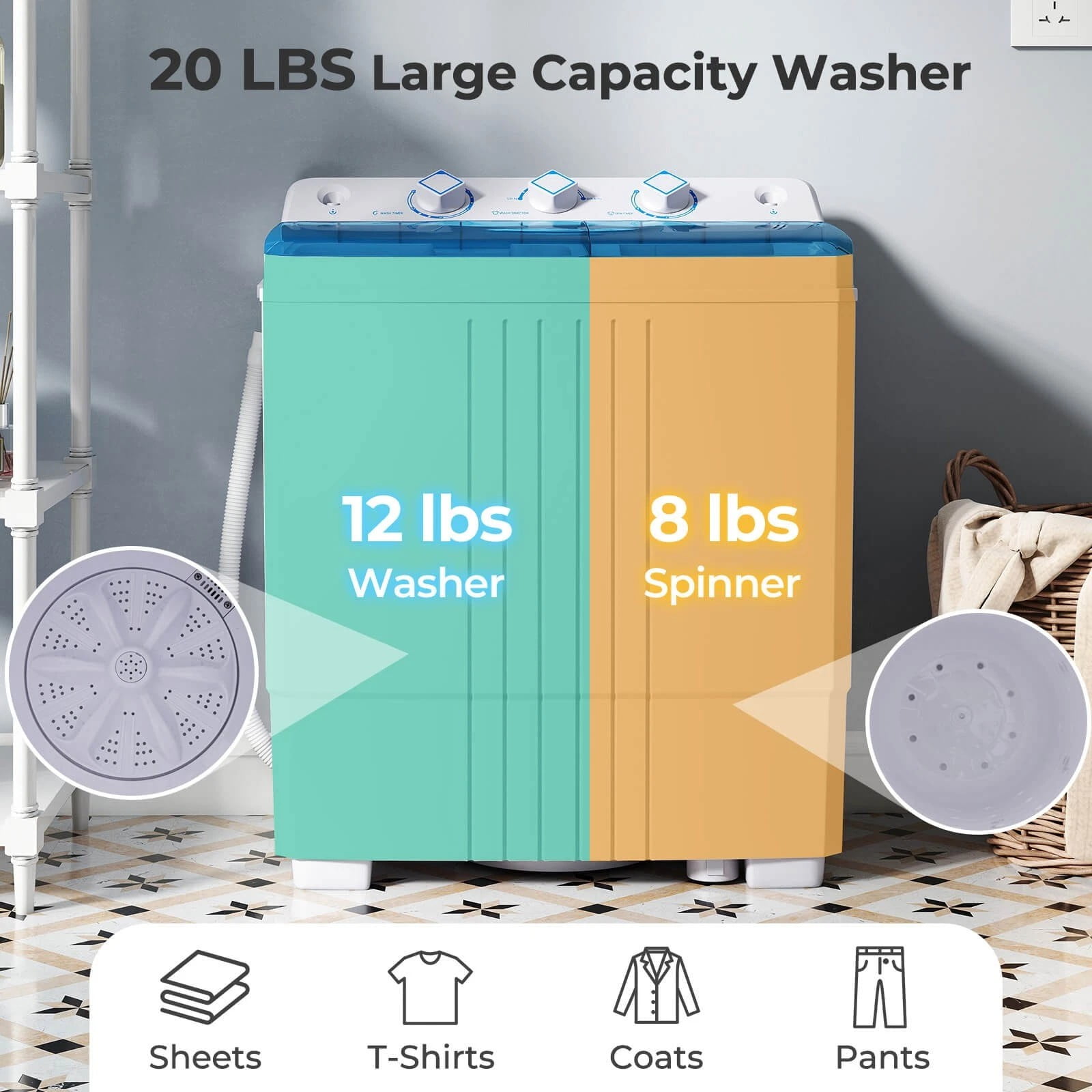 Harmijoy Compact Mini Portable Twin Tub Washing Machine 20 Lbs Washer Spinner