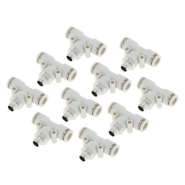 Accesorios de conexión rápida de aire Unique Bargains 5/16" tipo T, unión rápida de línea de aire, plástico y metal 1/8"BSPT 10 piezas tono blanco plateado