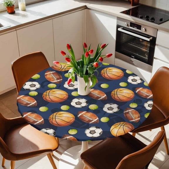 Round Fitted Tablecloth with Elastic Edge, Rugby Football Tennis on Blue Fitted Table Cloth for Round Tables, Funny Ball Sports Waterproof Tablecloth for Outdoor Picnic Party 36-44in