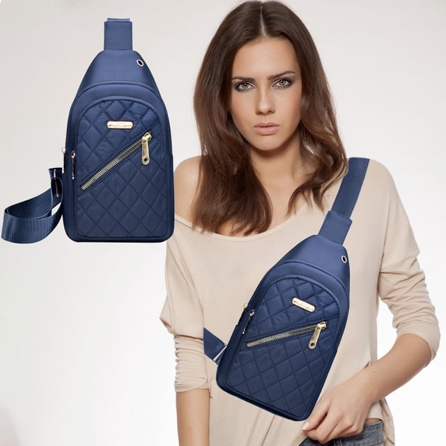 Polyester Shoulder Bag Large Capacity Sling Bag for Men and Women Shoulder Backpack with Embroidery Diamond Design and Earphone Hole for Hiking Camping Outdoor(Blue,1Pcs) Rkxzt