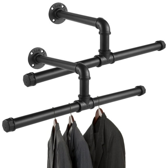 2 Pack Industrial Pipe 20'' L Clothes Rack, Wall Mounted Heavy Duty Rustic Iron Garment Display Bar, Hanging Rod for Closet Storage, Max Load 40lbs, Black