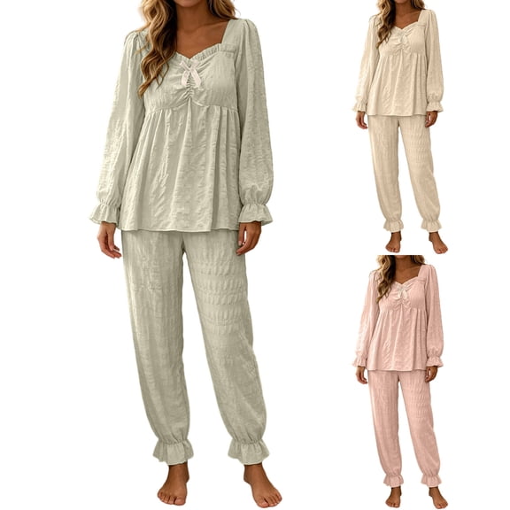 PNTUTB Women's Pajama Set Solid Color Ruched Square Neck Long Sleeve Elastic Waist Pant Loose Casual Comfort Soft Sleepwear Set