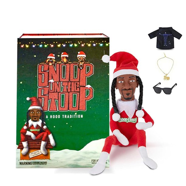 Nuevo Snoop Dog Snoop on a Stoop, muñeco de elfo de Navidad de 12 pulgadas, juguetes de peluche, incluye camiseta de juguete de elfo, gafas de sol, collar, decoración de árbol de Navidad