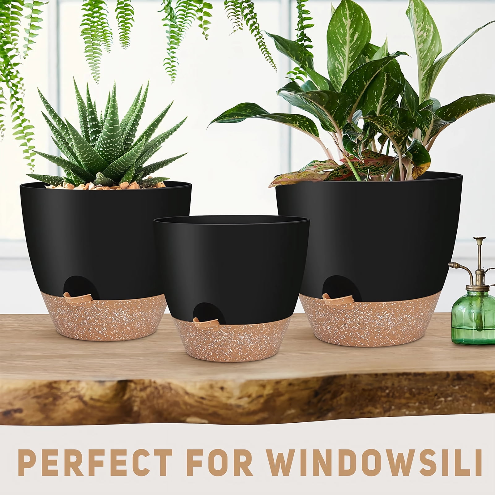 West Bay 12" 10" 9" Large Self Watering Plant Pots, 3 Pack Flower Pots Planters with Multi Mesh Drainage Holes for Indoor Outdoor Garden Plants and Flowers (Black)