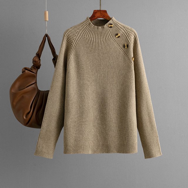 Ailaofu Solid Color Casual Simple Classic Half High Neck Women's Pullover Wool Sweater