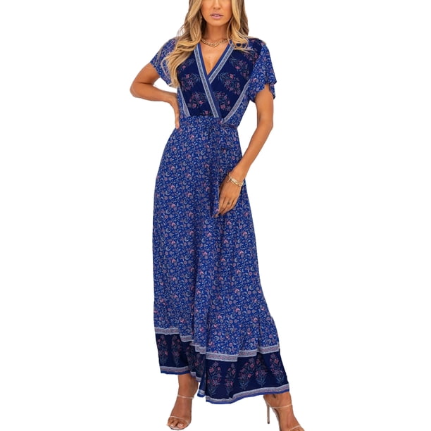 SHIBEVER Casual Wrap Dress for Women Summer Bohemian Floral V Neck ...