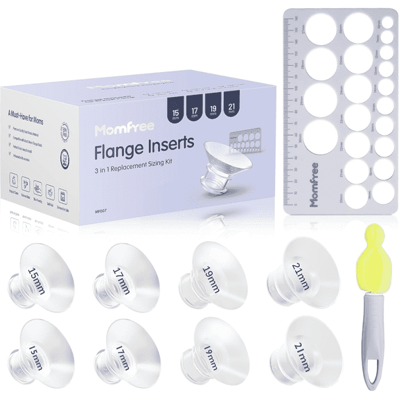 8PCS Flange Sizing Kit 15/17/19/21/24mm Flanges/Shield, Soft Silicone Flange Insert Compatible Momcozy/Spectra/Medela Breast Pump, Breast Pump Essential kit(with Nipple Rulers and Storage Bag)