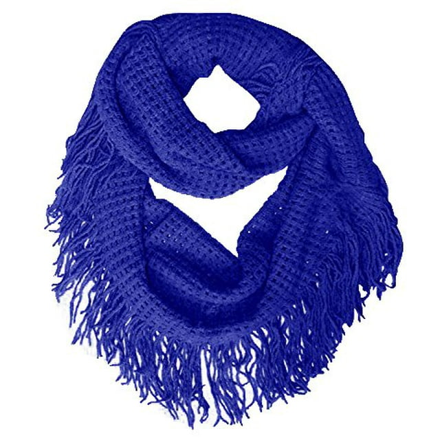 Peach Couture Warm and Soft Fashionable Checkered Fringe Infinity Loop Scarf (Blue)