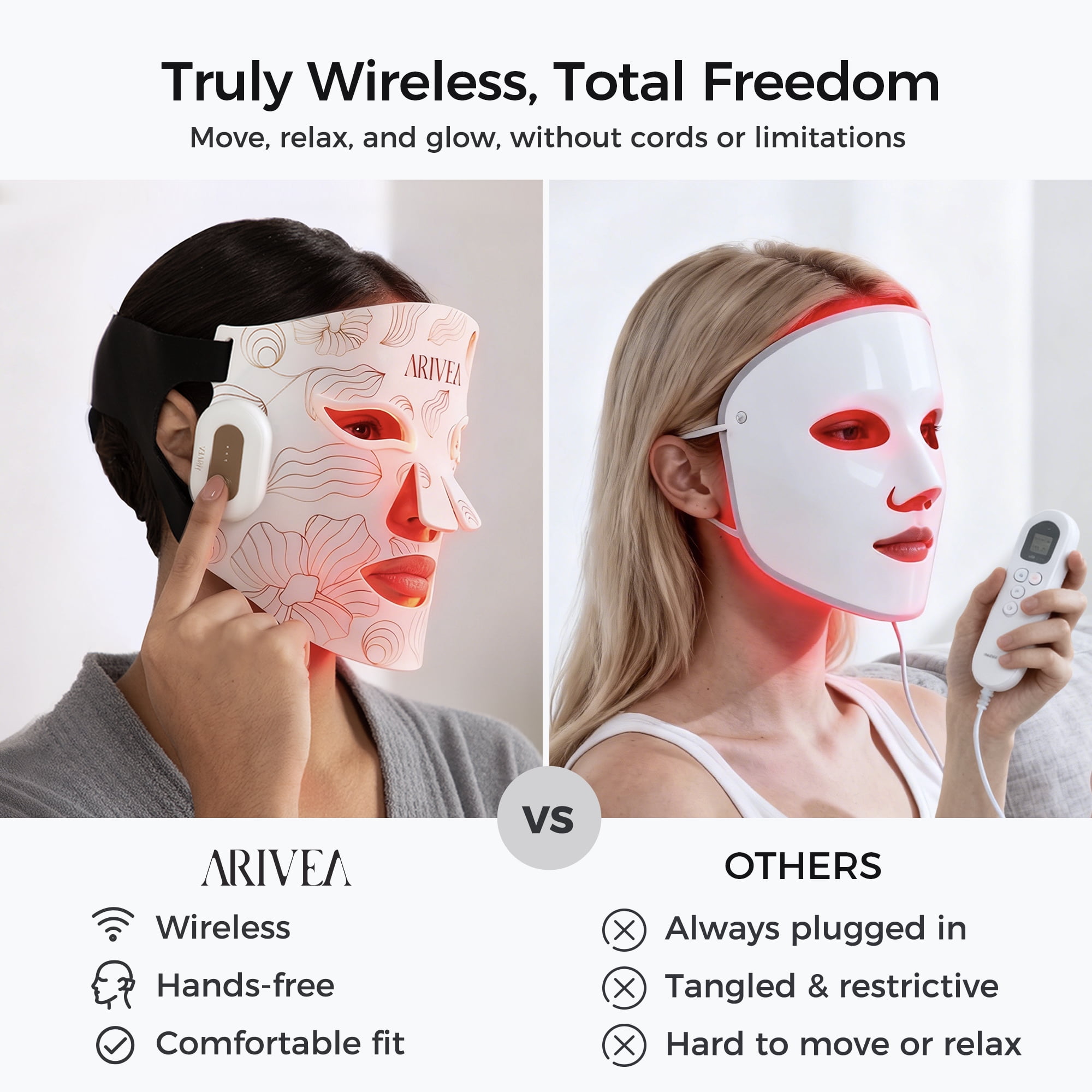 ARIVEA LED Red Light Therapy Face Mask, Wireless Rechargeable Red Light Therapy Device for Face, Home & Travel，White