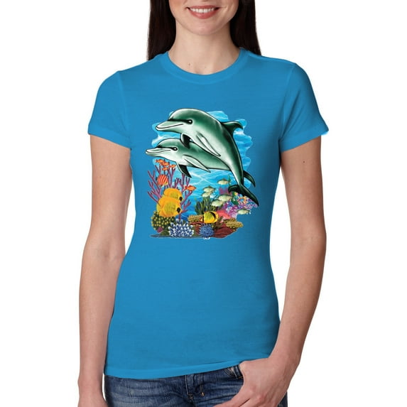 Pair of Dolphins Swimming in Ocean Animal Lover Womens Slim Fit Junior Tee, Turquoise, Small