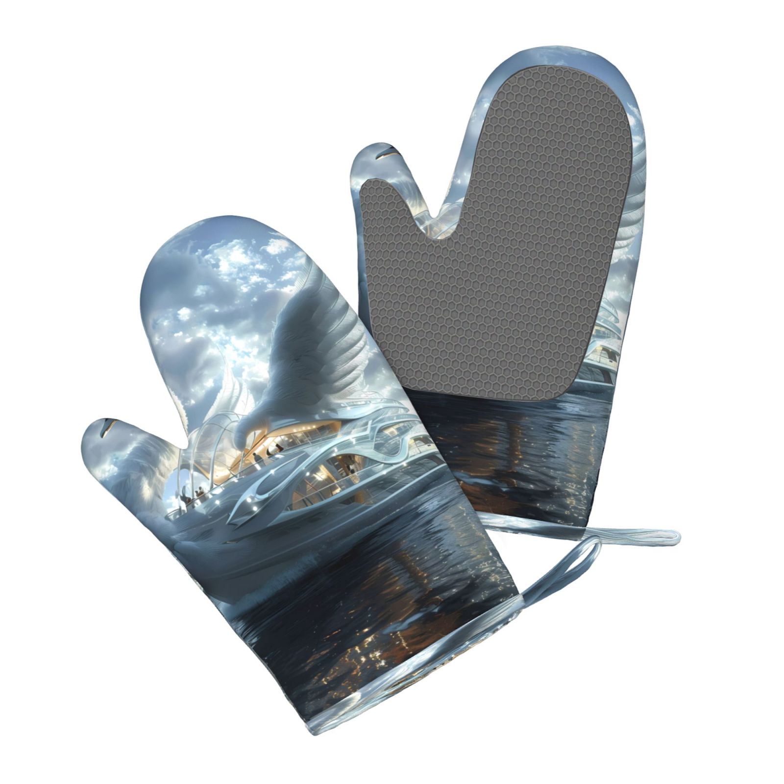 Hirioo Fantasy Swan Yacht Design for Silicone Oven Mitts for BBQ, Baking, Cooking, Set of 2, Heat Resistant 260℃, Non-Slip Kitchen Essentials