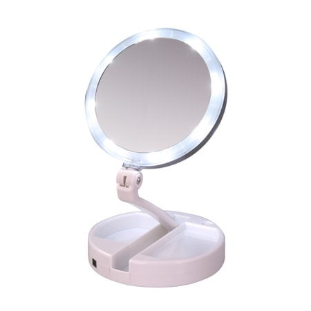 LED Double Sided Lighted Foldable Vanity 10X Magnifying Makeup Cosmetic Mirror