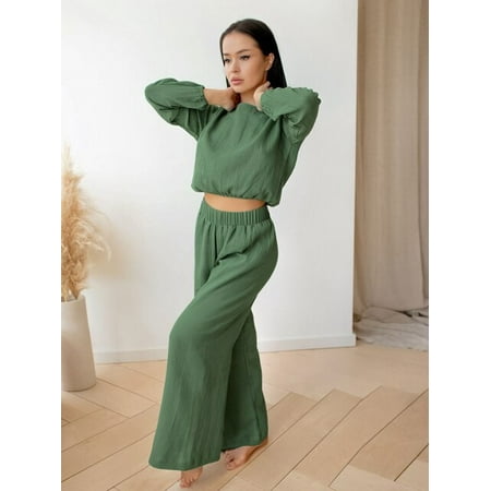 

DanceeMangoo Solid Loose Trouser Suits Round Neck Crop Tops Pajamas For Women Sleepwear Cotton Long Sleeve Home Suit Sets Spring