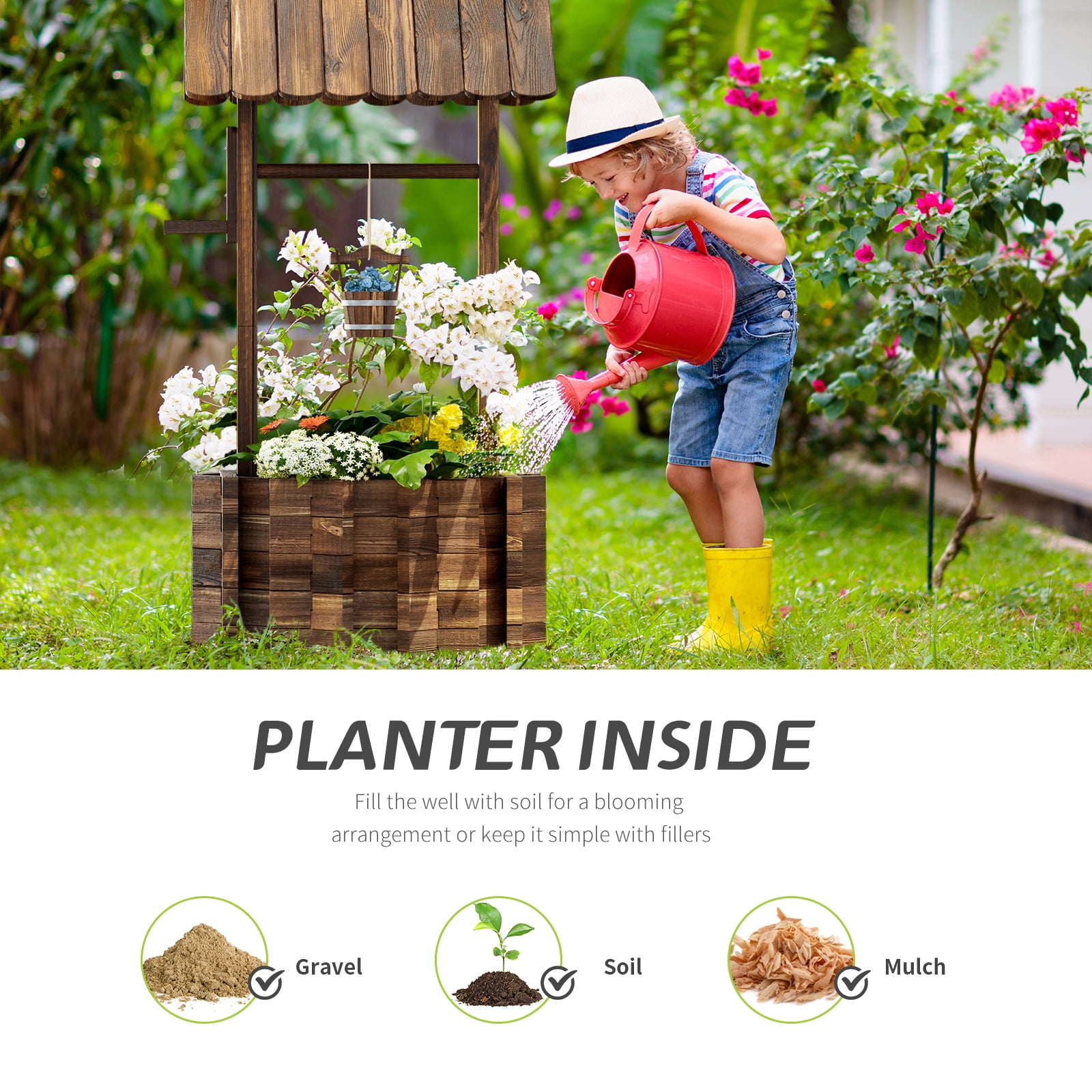 BaPiPro 25.5" Big Wishing Well Planter with Hanging Bucket for Flower and Plants, Brown, Wooden